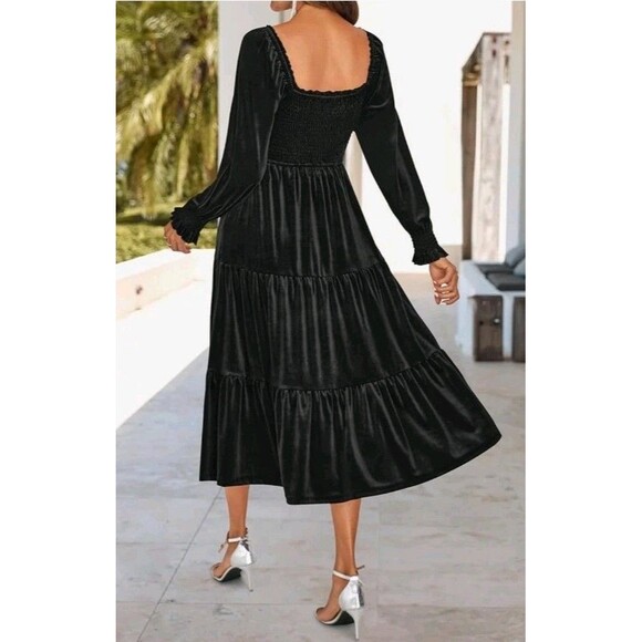 ZESICA Women’s L Black Velvet LS Dress 2025 Spring Square Neck Smocked Ruffle - Picture 2 of 3
